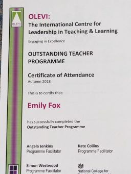 Emily Fox's OLEVI Outstanding Teacher Certificate