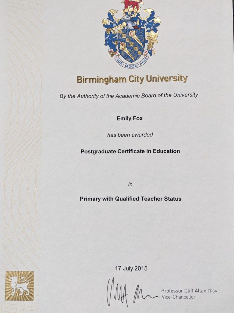 Emily Fox's PGCE Certificate from Birmingham City University